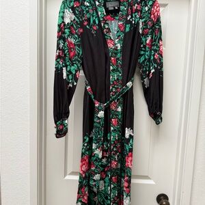 Anthropologie Black and Green Floral Long Sleeve Dress
